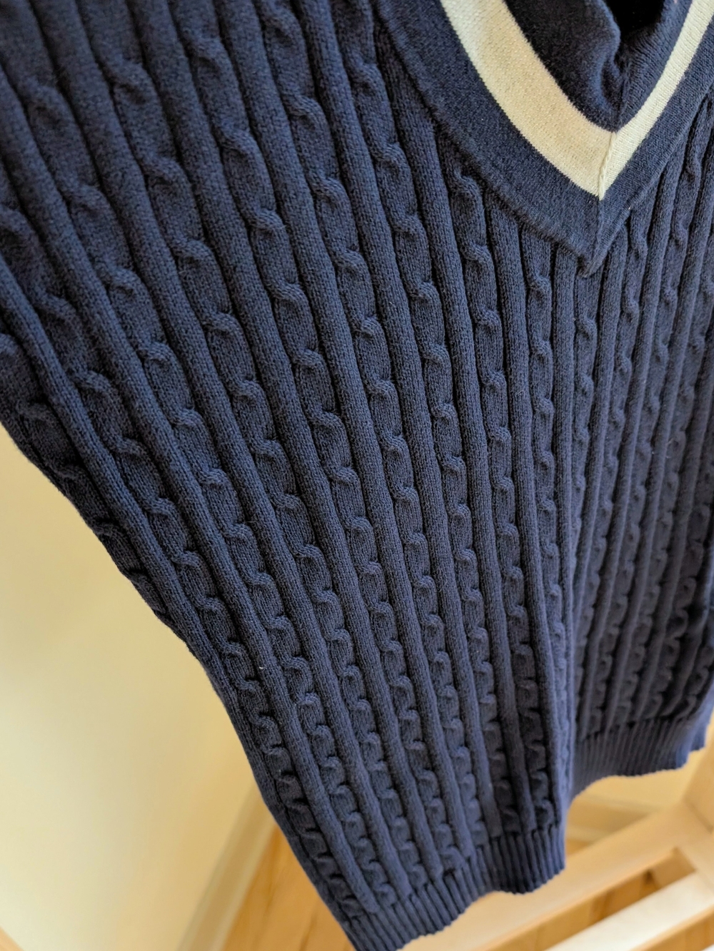 Vintage Ralph Lauren Varsity Striped Cable Knit V-neck Polo Tee In Navy/White - Picture 4 of 5